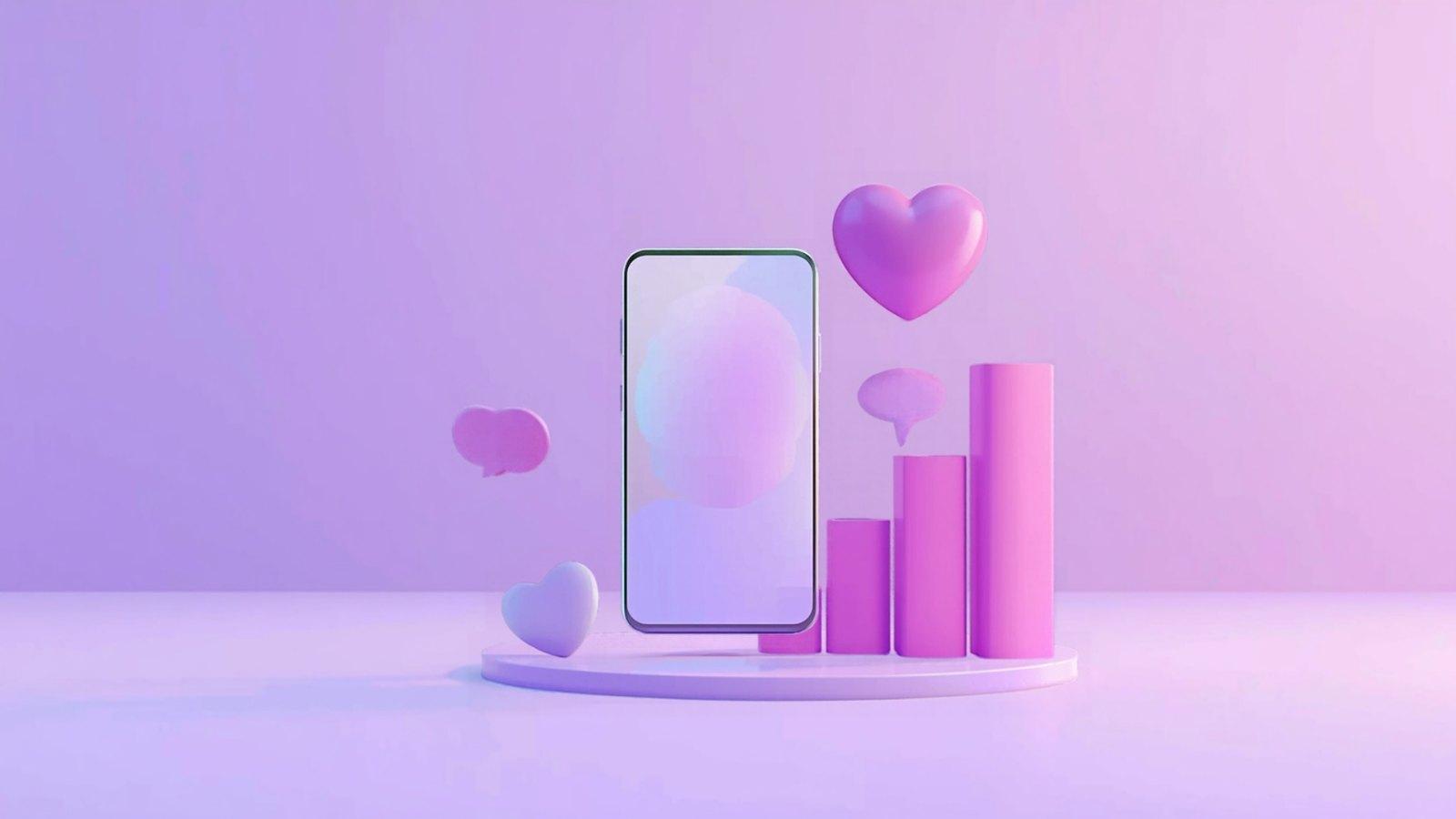 A smartphone surrounded by a heart, comment bubbles and a rising bar chart, representing likes, comments and engagement